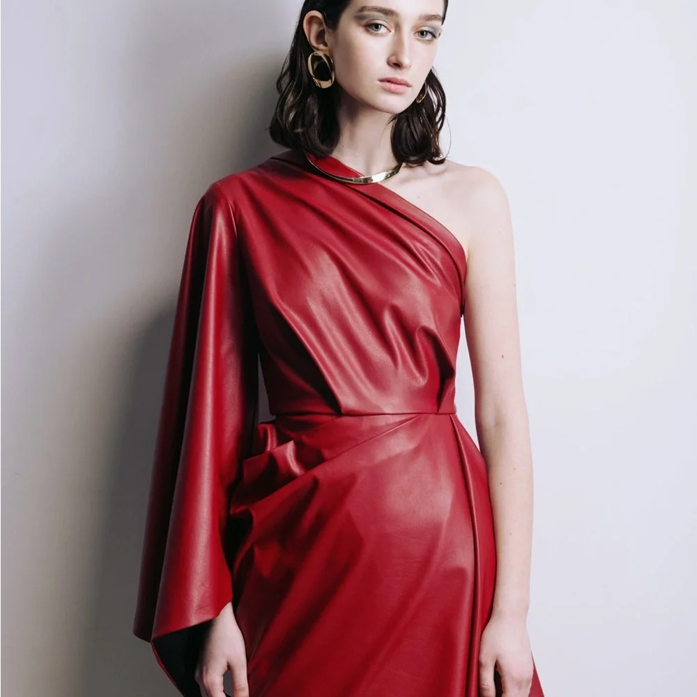 Julia Allert Red Soft Faux Leather Midi Dress